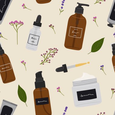 Kusursuz geri dönüşümlü şişeler, organik kozmetik ürünleri, cilt bakım ürünleri ve yapraklarla dolu kavanozlar. Temizleyici, toner, serum, tedaviler, yağ, krem ürünleri. El çizimi vektör illüstrasyonu