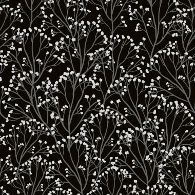 Kurumuş çiçeklerle basit, dikişsiz desen. Beyaz Achillea ya da siyah arka planda sıradan bir kireç bitkisi. Tekstil ve duvar tasarımı için çiçek dokusu. El çizimi vektör illüstrasyonu