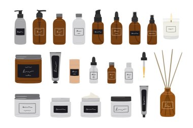 Cilt bakımı için cam şişelerde, kavanozlarda, tüplerde organik kozmetik ürünler var. Kozmetik paketleme seti. Sıfır atık kozmetik. Temizleyici, toner, serum, krem ürünü. El çizimi vektör illüstrasyonu