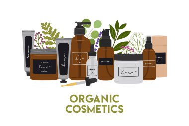 Şişelerde organik kozmetik ürünleri olan dikey bileşimler, kavanozlar, yeşillikli cilt bakımı için tüpler. Temizleyici, toner, serum, yağ, krem ürünü. El çizimi vektör illüstrasyonu
