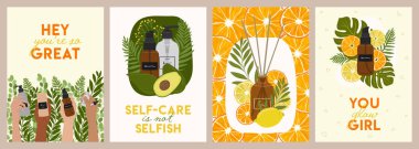 Organik ürünlerin olduğu doğal kozmetik kartları, sıfır atık ambalaj, kadın eli ve harfler. Duvar dekorasyonu için güzel baskılar, tebrik kartları. El çizimi vektör illüstrasyonu