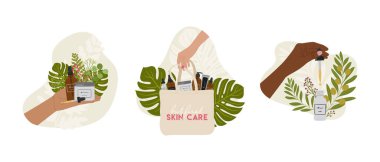 Kadın elleri şişelerde doğal organik kozmetik ürünler, soyut şekilli ve yeşillikli teneke kavanozlar tutuyor. Temizleyici, toner, serum, yağ, krem ürünü. El çizimi vektör illüstrasyonu