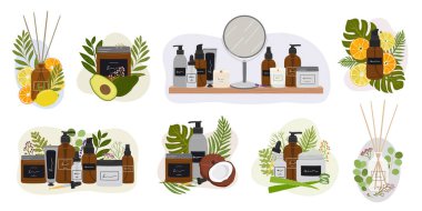 Şişelerde organik kozmetik ürünleri olan büyük kompozisyonlar, soyut şekilli ve yeşillikli cilt bakımı için kavanozlar. Temizleyici, toner, serum, krem ürünü. El çizimi vektör illüstrasyonu