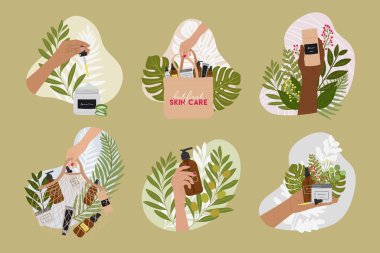 Büyük kadın elleri şişelerde doğal organik kozmetik ürünler, soyut şekilli ve yeşillikli teneke kavanozlar tutuyor. Temizleyici, toner, serum, krem ürünü. El çizimi vektör illüstrasyonu