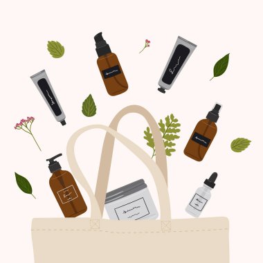 Geri dönüşüm şişesinde organik kozmetik ürünler, kavanoz, pamuk torbada cilt bakımı için tüp. Temizleyici, toner, serum, yağ, yapraklı krema. El çizimi vektör illüstrasyonu