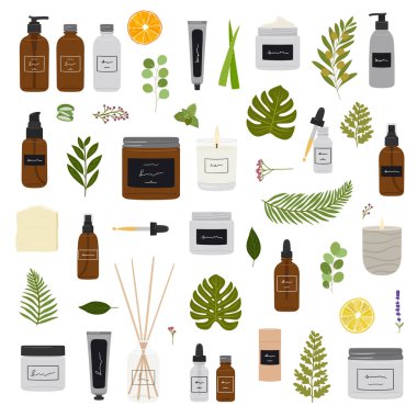 Şişede organik kozmetik ürünler seti, kavanoz, çiçek ve yeşillikle cilt bakımı için tüp. Temizleyici, toner, serum, yağ, krem ürünü. El çizimi vektör illüstrasyonu