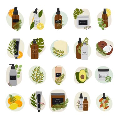 Şişelerde organik kozmetik ürünleri olan kompozisyonlar, soyut şekilli cilt bakımı için kavanozlar ve sosyal medya özetleri için yeşillik. El çizimi vektör illüstrasyonu