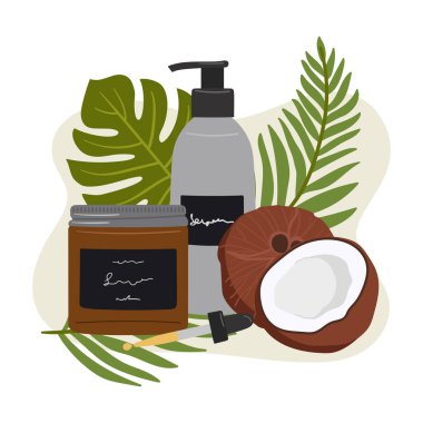 Şişede organik kozmetik ürünleri olan kompozisyon, soyut şekilli ve yeşillikli cilt bakımı için kavanoz, hindistan cevizi. Temizleyici, serum, yağ, krem ürünü. El çizimi vektör illüstrasyonu