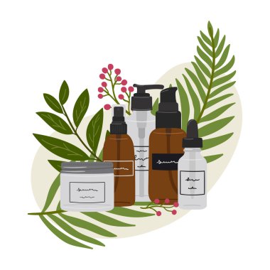 Şişelerde organik kozmetik ürünler, soyut şekilli ve yeşillikli cilt bakımı için kavanozlar. Temizleyici, toner, serum, yağ, krem ürünü. El çizimi vektör illüstrasyonu