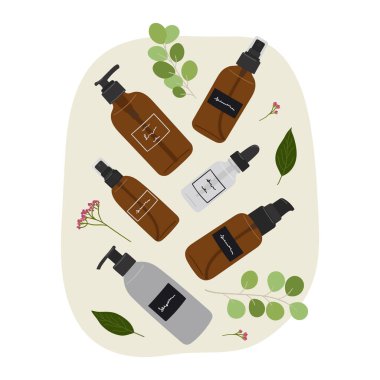 Şişelerde organik kozmetik ürünler, soyut şekilli ve yeşillikli cilt bakımı için kavanozlar. Temizleyici, toner, serum, yağ, krem ürünü. El çizimi vektör illüstrasyonu