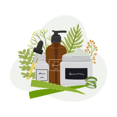 Şişede organik kozmetik ürünleri olan kompozisyon, soyut şekilli, yeşil ve aloe kaplı cilt bakımı kavanozu. Temizleyici, toner, serum, yağ, krem ürünü. El çizimi vektör illüstrasyonu