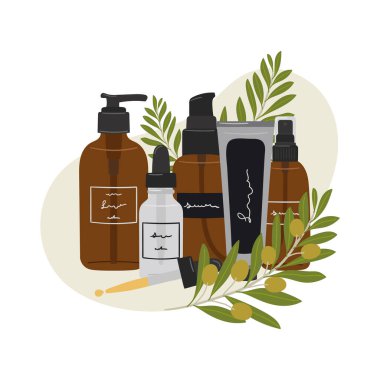 Şişelerde organik kozmetik ürünleri olan kompozisyon, soyut şekilli ve zeytin dallı cilt bakımı için kavanozlar. Temizleyici, serum, yağ ürünü. El çizimi vektör illüstrasyonu