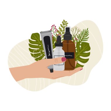 Kadın eli, doğal organik kozmetik ürünleri şişelerde, kavanozlarda, soyut şekilli ve yeşillikli cilt tüplerinde tutuyor. Temizleyici, toner, serum, yağ, krem ürünü. El çizimi vektör illüstrasyonu