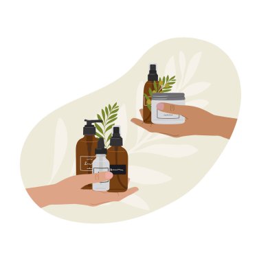 Kadın elleri şişelerde doğal organik kozmetik ürünleri, soyut şekil ve yeşillikle cilt için kavanozlar tutuyor. Temizleyici, toner, serum, yağ, krem ürünü. El çizimi vektör illüstrasyonu