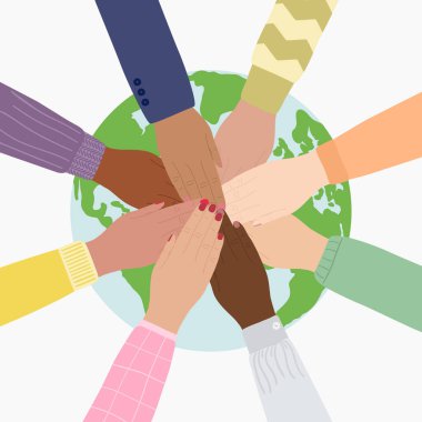 Save the planet ecology card. Diverse people stacking hands together to protect the Earth. Environment improvement concept. Hand-drawn eco-friendly vector illustration.