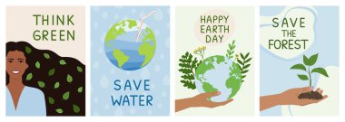 Set of save the planet ecology cards. Think green, save water, happy Earth day, save forest, environment improvement concept. Hand-drawn eco-friendly vector illustration.