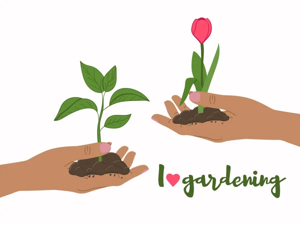 stock vector I love gardening card. Female hands give plant shoot and flower to each other. Hand-drawn vector illustration.