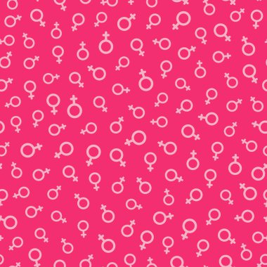 Seamless pattern of planetary sign of Venus for female gender symbols on pink background. Girl power, feminism and sisterhood concept. Hand drawn vector illustration.