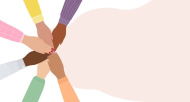 Horizontal banner of female hands stacking together. Woman empowerment, girl power, fight for gender equality, feminism and sisterhood concept. Hand drawn vector illustration.
