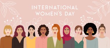 Horizontal banner with group of diverse female characters stand together. International Women s Day, 8 March. Woman empowerment, feminism and sisterhood concept. Hand drawn vector illustration.