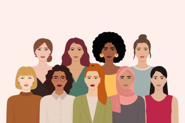 Horizontal banner with group of diverse female characters stand together. International Women s Day, 8 March. Woman empowerment, feminism and sisterhood concept. Hand drawn vector illustration.