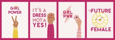 Set of feminist cards with woman rights, empowerment, girl power, fight for gender equality, feminism and sisterhood concept. International Women s Day, 8 March. Hand drawn vector illustration.