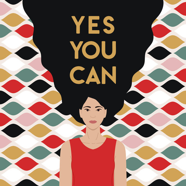 Yes, you can lettering on asian woman hair in retro groovy style. Woman rights and empowerment, equality, feminism and sisterhood. International Women s Day. Hand drawn vector illustration.