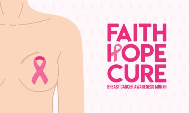 Meme Kanseri Farkındalığı Ayı. Lumpektomi göğüs yarası ve pembe kurdeleli beyaz bir kadınla yatay poster. İnanç, umut, tedavi. Kanser önleme ve kadın sağlığı destek vektörü illüstrasyonu