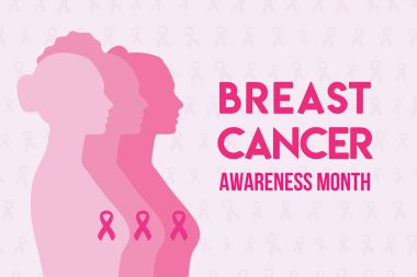 Meme Kanseri Farkındalığı Ayı. Göğsünde pembe kurdeleler olan kadın silueti. Kanser önleme ve kadınların sağlık hizmetleri vektör çizimi. Yatay poster