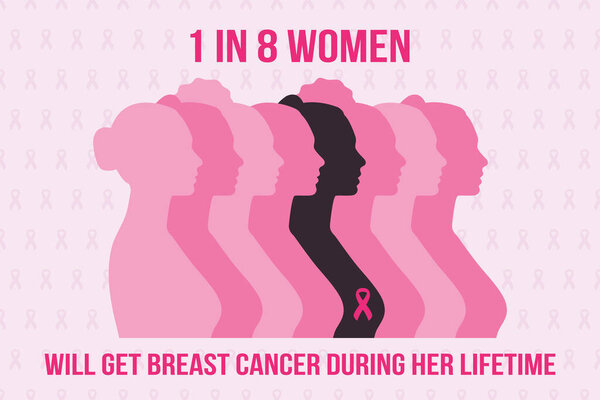Месяц осведомленности о раке груди. 1 из 8 женщин при жизни заболеет раком молочной железы. Инфографика женского силуэта с розовой лентой на лифчике. Профилактика рака и векторная иллюстрация здоровья женщин