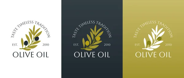 葉が付いているオリーブの枝のベクトルのロゴ 現代の手描きベクターオリーブオイルアイコン オリーブオイル会社 オーガニック 環境に優しいオイル製品 ウェルネス 料理サービスのブランディングコンセプト ストックベクター