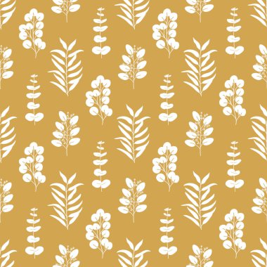 Sarı siluet söğüt, spiral, tohumlu, gümüş dolarlık okaliptüs yaprakları. El çizimi vektör illüstrasyonu