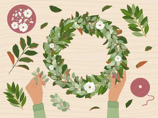 stock vector Brown female hands making wedding wreath at floristic workshop with eco-friendly materials. Magnolia, eucalyptus, bay leaves and anemone flowers. Florist at work. Hand drawn vector illustration