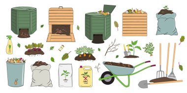 Bahçe malzemeleri ve aletleri, organik atıklar, gübreler, ahşap ve plastik besteler. Çiftçilik ve tarım. El çizimi vektör illüstrasyonu.