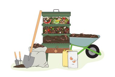 Vermigübreleme tasviri. Solucan gübresi. Organik atıkların geri dönüşümü, vermicomposter. Sürdürülebilir yaşam, sıfır atık konsepti. El çizimi vektör illüstrasyonu.