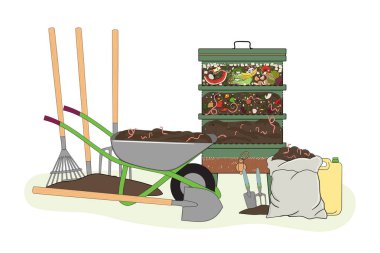 Vermigübreleme tasviri. Solucan gübresi. Organik atıkların geri dönüşümü, vermicomposter. Sürdürülebilir yaşam, sıfır atık konsepti. El çizimi vektör illüstrasyonu.