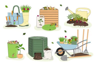 Gübre kutusu ve bahçe aletleri çizimi. Organik atıkların geri dönüşümü. Sürdürülebilir tarım kavramı. El çizimi vektör illüstrasyonu.