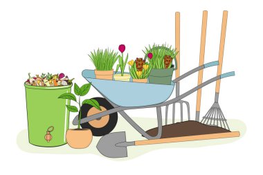 Gübre kutusu ve bahçe aletlerinin çizimi. Organik atıkların geri dönüşümü. Sürdürülebilir tarım kavramı. El çizimi vektör illüstrasyonu.