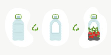 Yükselen elementlerin şeması. 5L su şişesinin nasıl yükseltileceğini. El yapımı ve DIY ikincil kullanım. Ekolojik, makul tüketim ve sürdürülebilir yaşam konsepti. El çizimi vektör illüstrasyonu. 