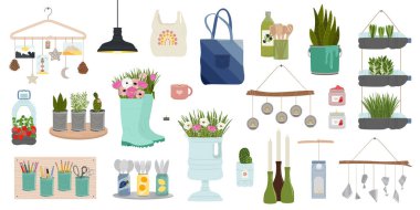 Yükselen elementler kümesi. El yapımı ve DIY ikincil kullanım. Ekolojik, makul tüketim ve sürdürülebilir yaşam konsepti. El çizimi vektör illüstrasyonu.