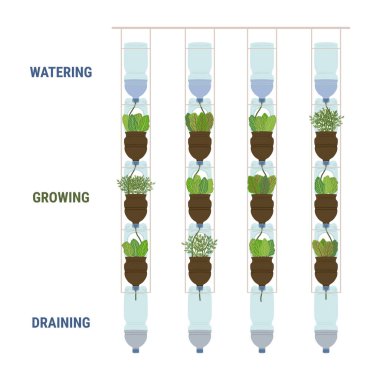 Beyaz arka planda kendi kendini sulayan plastik şişe ekicilerin bilgileri. Dikey bahçe, kentsel tarım konsepti. El çizimi vektör illüstrasyonu. 
