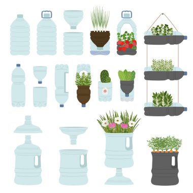 Beyaz arka planda kendi kendini sulayan plastik şişe ekiciler. El yapımı ve DIY ikincil kullanım. Dikey bahçe, kentsel tarım konsepti. El çizimi vektör illüstrasyonu. 