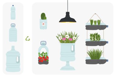 Yükselen plastik elementlerin şeması. El yapımı ve DIY ikincil kullanım. Ekolojik, makul tüketim ve sürdürülebilir yaşam konsepti. El çizimi vektör illüstrasyonu.