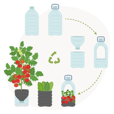 Beyaz arka planda DIY plastik şişe ekicileri entrikası. Dikey bahçe, kentsel tarım konsepti. El çizimi vektör illüstrasyonu. 