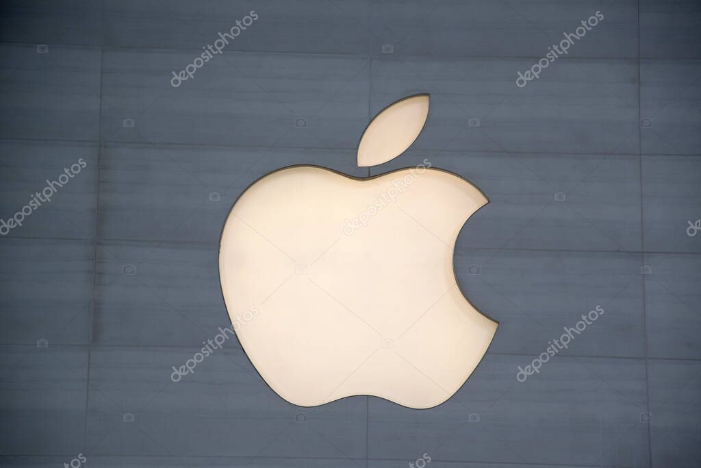 Singapore- 22 Oct, 2022: View of Apple logo on big wall at the Apple Store along Orchard Road, Singapore.