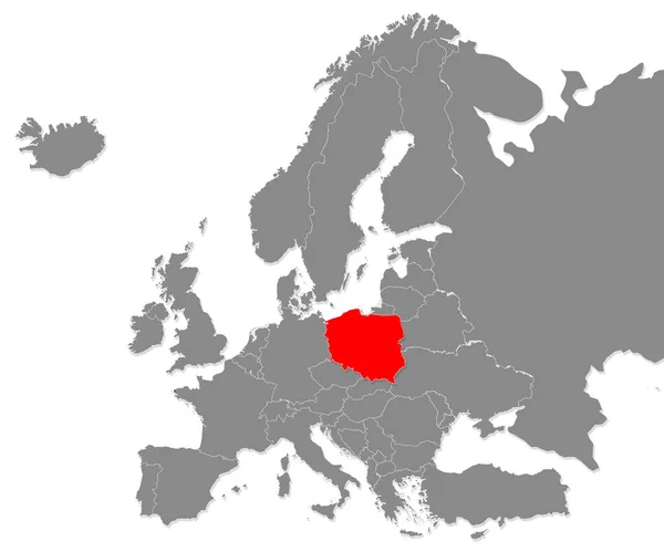 Carte Pologne Rouge Sur Carte Europe Rendu — Photo