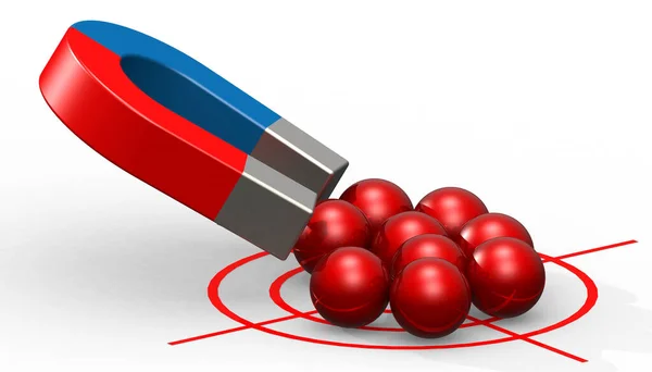 磁石は孤立した赤い金属ボールを引き付け 3Dレンダリング — ストック写真