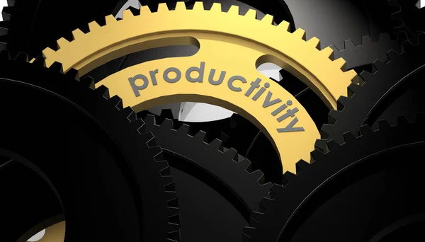 Gyllene Kugghjul Med Produktivitetstext Mörk Scen Rendering — Stockfoto