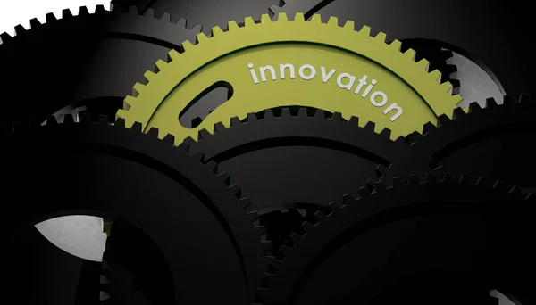 Cogwheel Com Texto Inovação Cena Escura Renderização — Fotografia de Stock