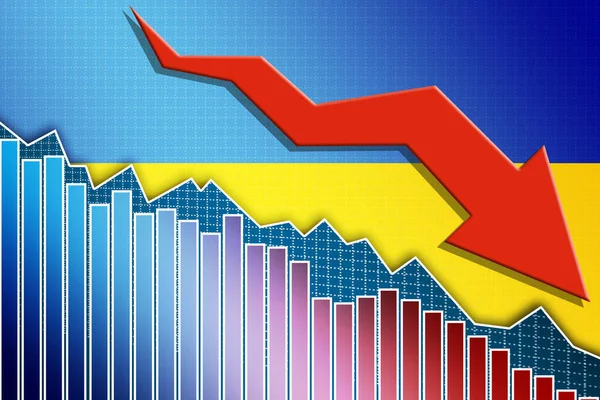 Ekonomi Ukraina Faller Ner Med Pil Och Flagga Rendering — Stockfoto